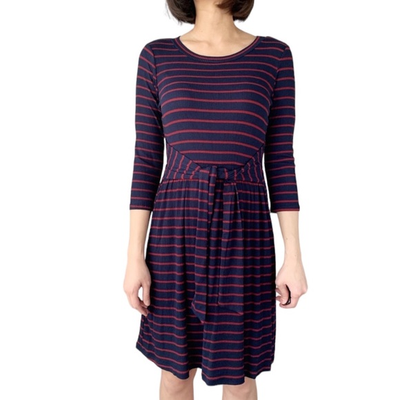 DARK BLUE AND RED CREW NECK STRIPED DRESS - Picture 2 of 11